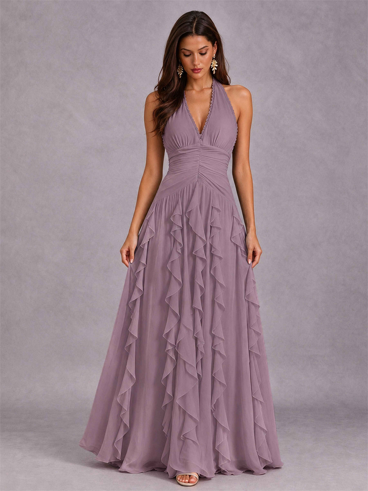 A-Line Halter Neck Ruffle Pleated Floor-Length Chiffon Evening Dress