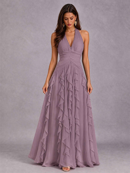 A-Line Halter Neck Ruffle Pleated Floor-Length Chiffon Evening Dress