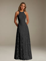 A-Line Jewel Neck Sleeveless Floral Lace Bridesmaid Dresses Long Floor Length