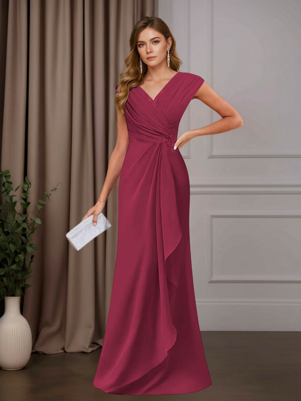 Cinnamon Rose A-Line Mother of the Bride Dress V-Neck Sleeveless Floor Length with Sequins and Ruffle Appliques
