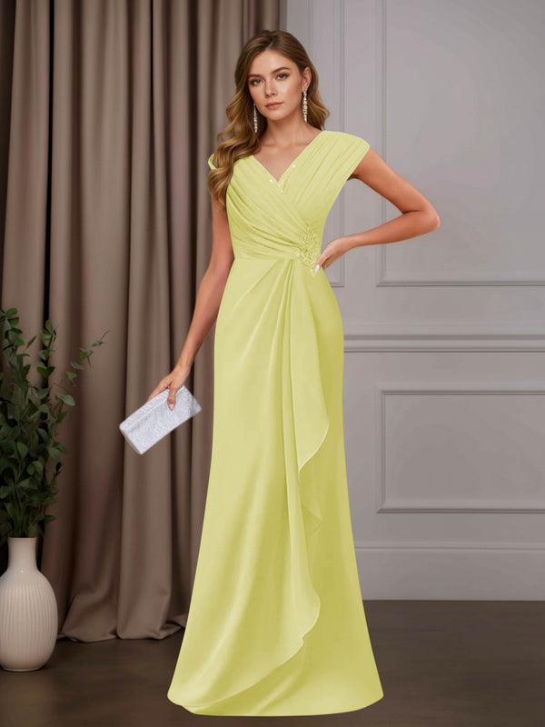 Daffodil A-Line Mother of the Bride Dress V-Neck Sleeveless Floor Length with Sequins and Ruffle Appliques