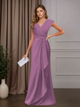 A-Line Mother of the Bride Dress V-Neck Sleeveless Floor Length with Sequins and Ruffle Appliques