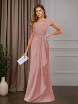 A-Line Mother of the Bride Dress V-Neck Sleeveless Floor Length with Sequins and Ruffle Appliques