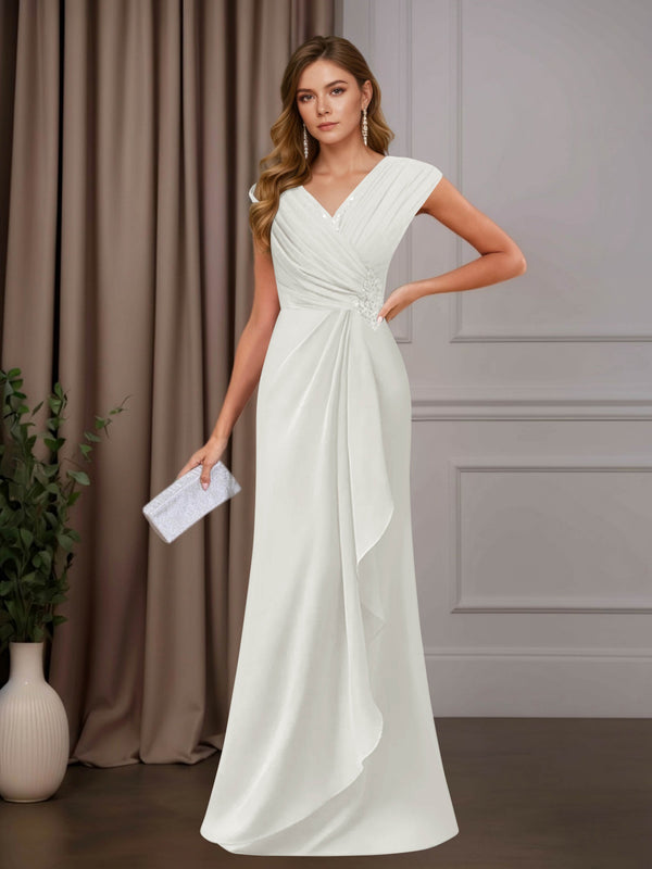 Ivory A-Line Mother of the Bride Dress V-Neck Sleeveless Floor Length with Sequins and Ruffle Appliques