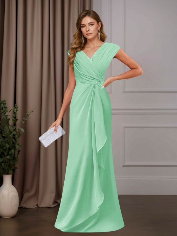 Mint Green A-Line Mother of the Bride Dress V-Neck Sleeveless Floor Length with Sequins and Ruffle Appliques
