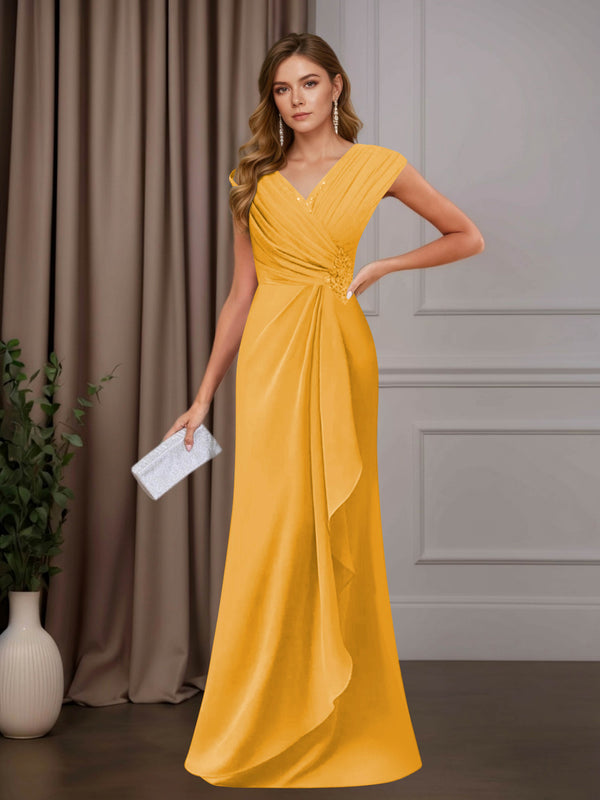 Mustard A-Line Mother of the Bride Dress V-Neck Sleeveless Floor Length with Sequins and Ruffle Appliques