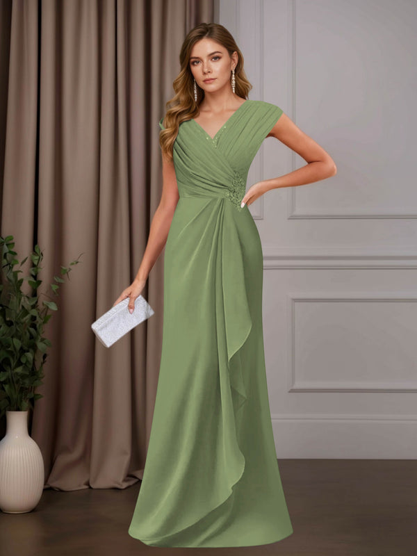 Olive Green A-Line Mother of the Bride Dress V-Neck Sleeveless Floor Length with Sequins and Ruffle Appliques