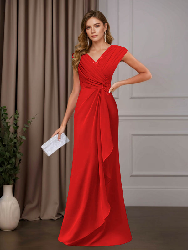 Red A-Line Mother of the Bride Dress V-Neck Sleeveless Floor Length with Sequins and Ruffle Appliques