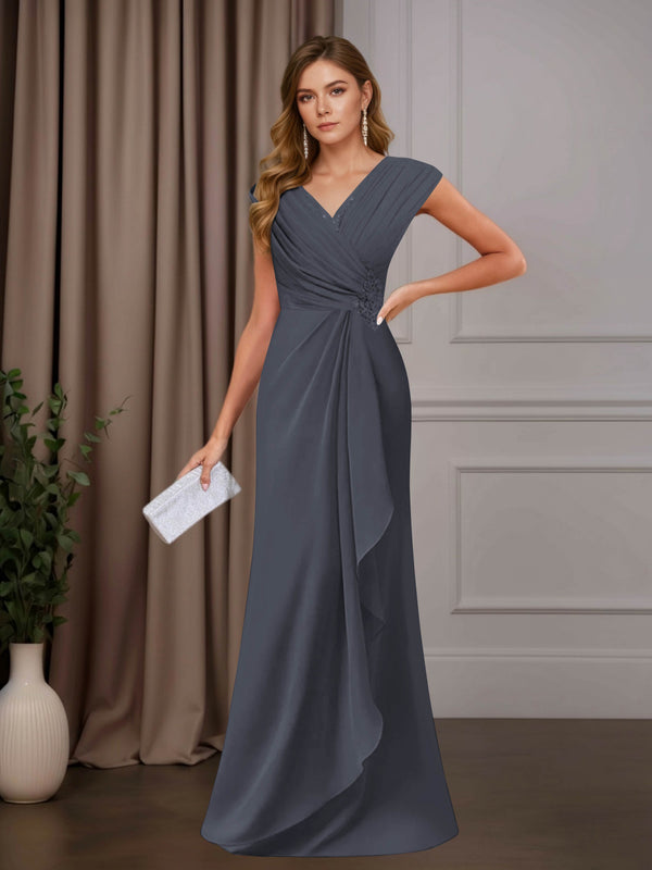 Stormy A-Line Mother of the Bride Dress V-Neck Sleeveless Floor Length with Sequins and Ruffle Appliques
