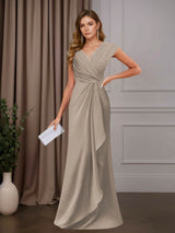 A-Line Mother of the Bride Dress V-Neck Sleeveless Floor Length with Sequins and Ruffle Appliques