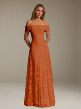 Free Shipping A-Line Off-The-Shoulder Floral Lace Bridesmaid Dress Pleated Floor Length