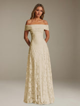 Free Shipping A-Line Off-The-Shoulder Floral Lace Bridesmaid Dress Pleated Floor Length