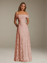 Free Shipping A-Line Off-The-Shoulder Floral Lace Bridesmaid Dress Pleated Floor Length