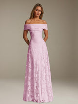 Free Shipping A-Line Off-The-Shoulder Floral Lace Bridesmaid Dress Pleated Floor Length