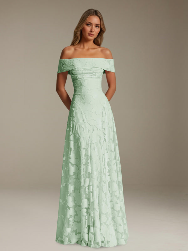 Mint Green Free Shipping A-Line Off-The-Shoulder Floral Lace Bridesmaid Dress Pleated Floor Length