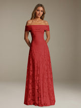 Free Shipping A-Line Off-The-Shoulder Floral Lace Bridesmaid Dress Pleated Floor Length