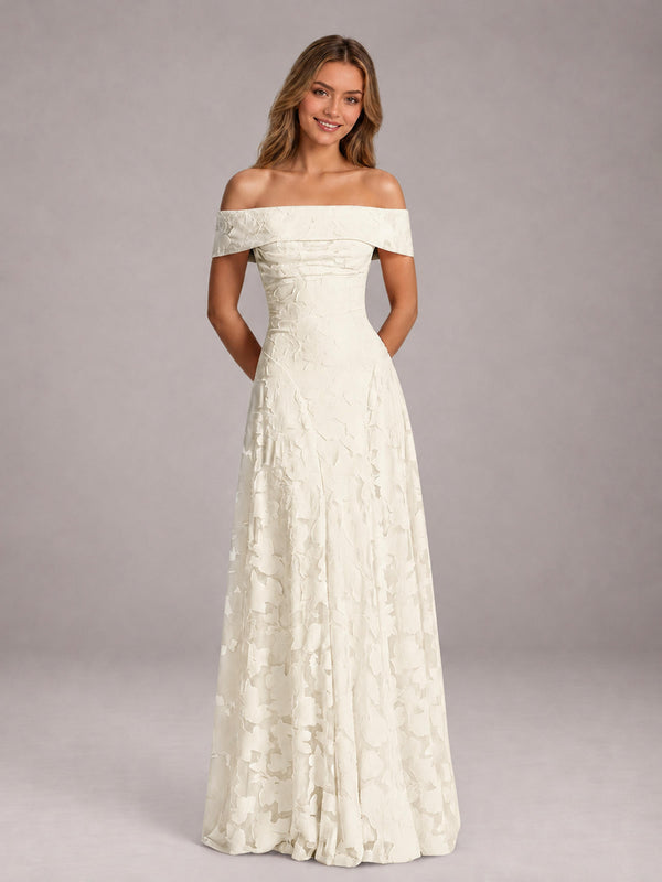 Ivory A-Line Off-The-Shoulder Pleated Floral Lace Floor Length Bridesmaid Dress