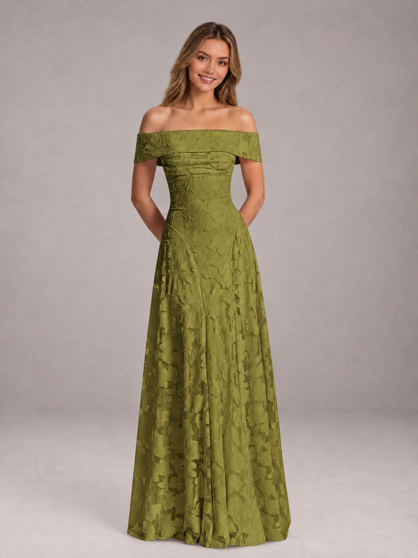 Olive Green A-Line Off-The-Shoulder Pleated Floral Lace Floor Length Bridesmaid Dress