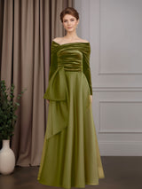 A-Line/Princess Asymmetrical Neckline Long Sleeves Floor-Length Mother of the Bride Dresses with Bowknot & Ruffles