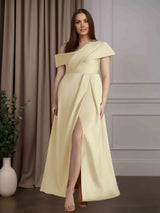 A-Line/Princess Asymmetrical neckline Short Sleeves Plus Size Floor-Length Mother of the Bride Dresses with Pleated & Split Side