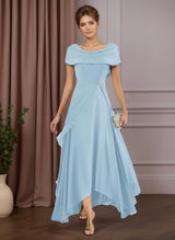 A-Line/Princess Cowl Neck Short Sleeves Asymmetrical Mother of the Bride Dresses with Ruffles,Beads & Split Side