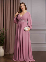 A-Line/Princess Deep V-Neck Long Sleeves Floor-Length Plus Size Mother of the Bride Dresses with Ruched & Appliques