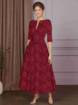A-Line/Princess Half Sleeves Tea-Length Floral Lace Mother Of The Bride Dresses With Pockets