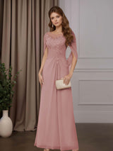 A-Line/Princess Illusion Neck Ruched Mother of the Bride Dresses with Cape & Appliques