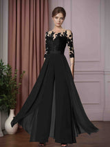 A-Line/Princess Scoop Neck 3/4 Length Sleeves Floor-Length Mother of the Bride Pantsuits with Appliques