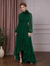 A-Line/Princess Jewel Neck Long Sleeves Asymmetrical Mother of the Bride Dresses with Flowers & Ruffles