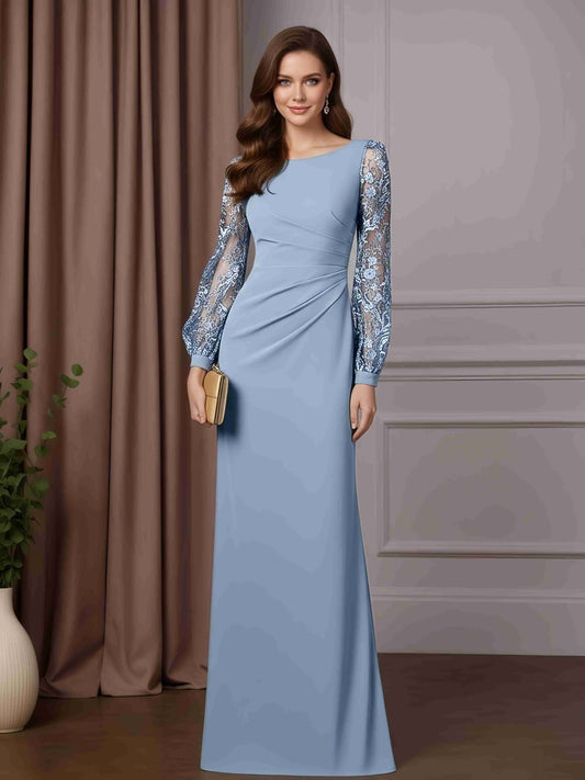 Sheath/Column Scoop Neck Long Sleeves Floor-Length Mother of the Bride Dresses with Lace & Pleated