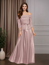 A-Line/Princess Off-The-Shoulder 3/4 Length Sleeves Floor-Length Mother of the Bride Dresses with Sequins & Bowknot