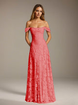Free Shipping A-Line/Princess Off-The-Shoulder Floor-Length Floral Lace Long Bridesmaid Dresses