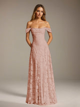 Free Shipping A-Line/Princess Off-The-Shoulder Floor-Length Floral Lace Long Bridesmaid Dresses