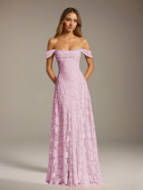 Free Shipping A-Line/Princess Off-The-Shoulder Floor-Length Floral Lace Long Bridesmaid Dresses