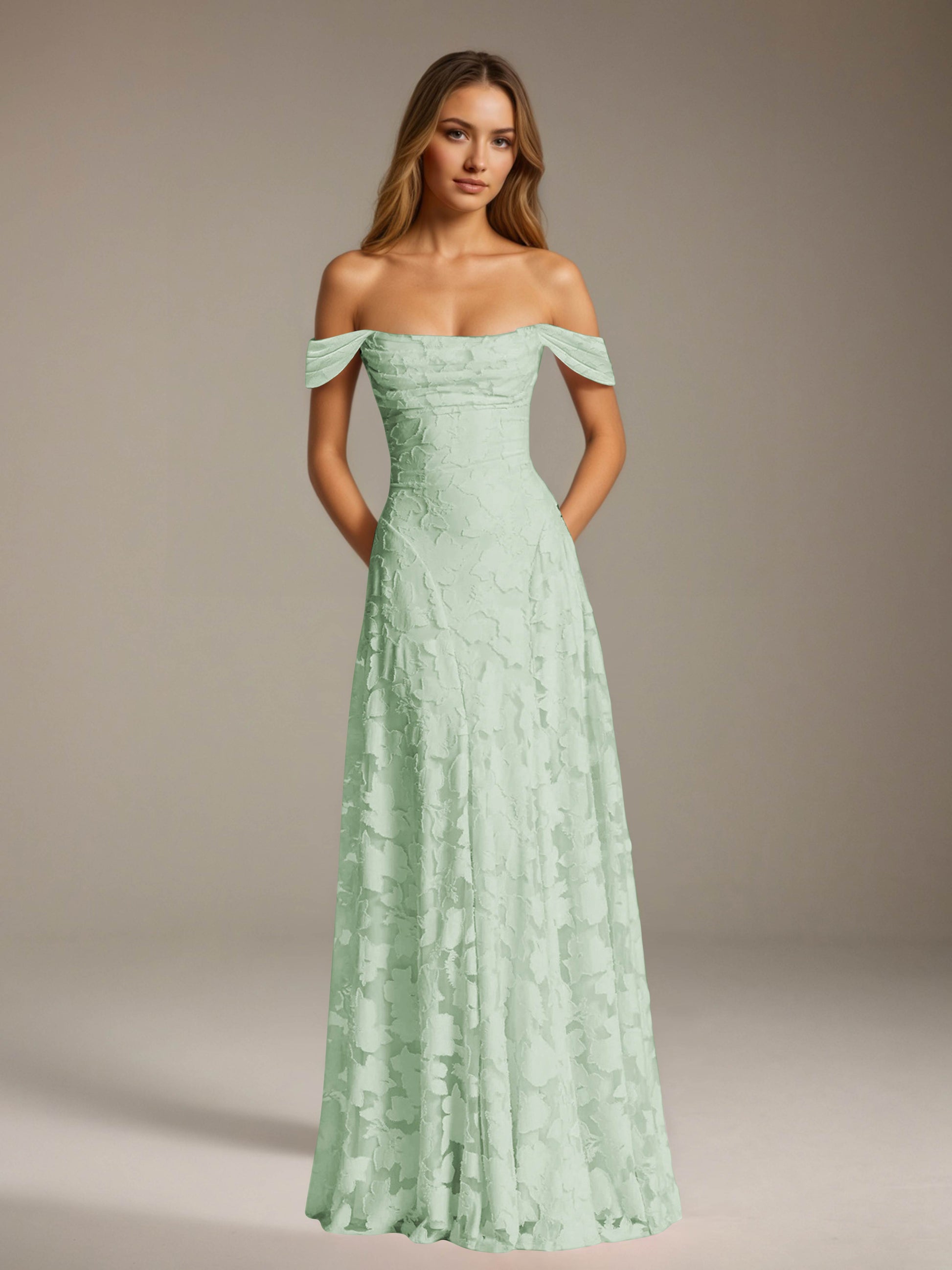 Free Shipping A-Line/Princess Off-The-Shoulder Floor-Length Floral Lac –