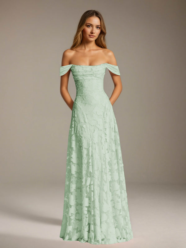 Mint Green Free Shipping A-Line/Princess Off-The-Shoulder Floor-Length Floral Lace Long Bridesmaid Dresses