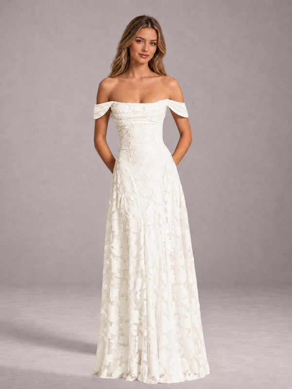 Ivory A-Line/Princess Off-The-Shoulder Floral Lace Floor-Length Bridesmaid Dress