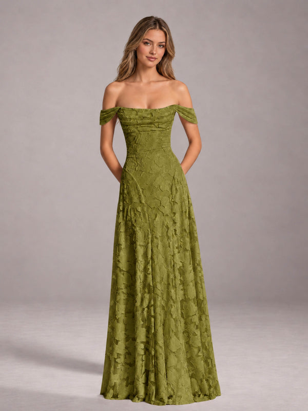 Olive Green A-Line/Princess Off-The-Shoulder Floral Lace Floor-Length Bridesmaid Dress