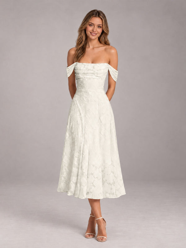 Ivory A-Line/Princess Off-The-Shoulder Sleeveless Floral Lace Tea-Length Bridesmaid Dress