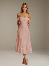 Free Shipping A-Line/Princess Off-The-Shoulder Sleeveless Tea-Length Floral Lace Bridesmaid Dresses