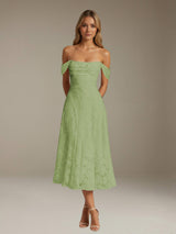 Free Shipping A-Line/Princess Off-The-Shoulder Sleeveless Tea-Length Floral Lace Bridesmaid Dresses