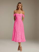 Free Shipping A-Line/Princess Off-The-Shoulder Sleeveless Tea-Length Floral Lace Bridesmaid Dresses