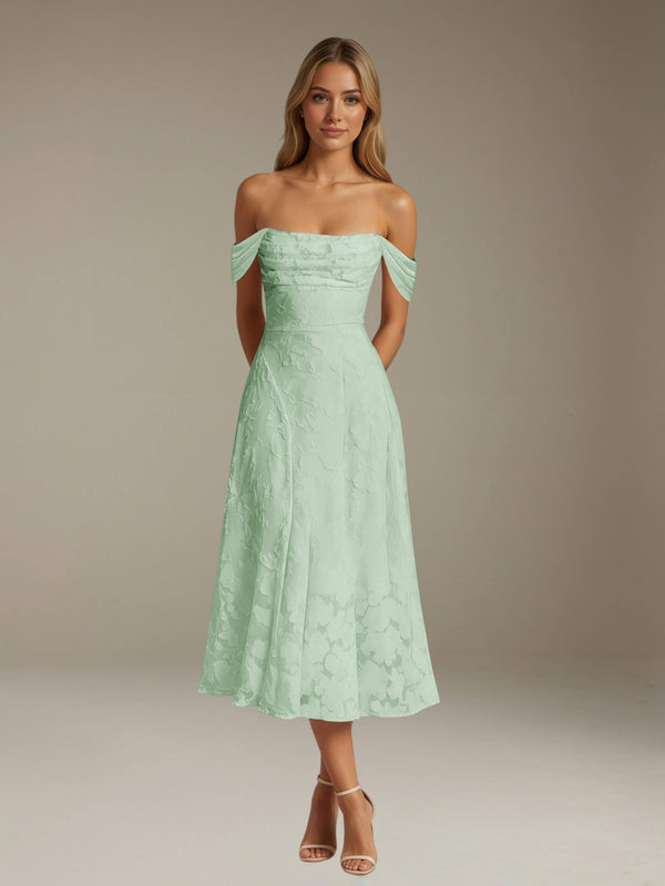 Mint Green Free Shipping A-Line/Princess Off-The-Shoulder Sleeveless Tea-Length Floral Lace Bridesmaid Dresses