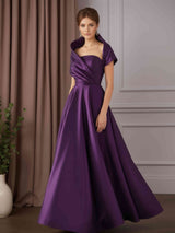 A-Line/Princess Off-the-Shoulder Cap Sleeves Floor-Length Satin Mother of the Bride Dresses with Ruched & Pockets