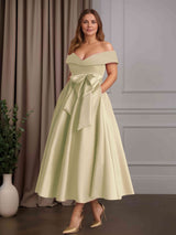 A-Line/Princess Off-the-Shoulder Sleeveless Ankle-Length Plus Size Mother of the Bride Dresses with Bowknot & Pockets