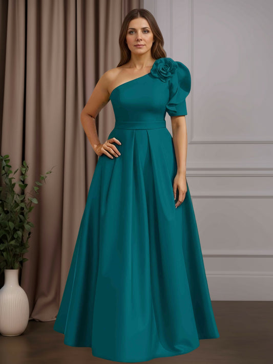 A-Line/Princess One-Shoulder Floor-Length Plus Size Mother of the Bride Dresses With 3D Flower