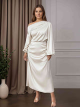 A-Line/Princess One-Shoulder Long Sleeves Tea-Length Mother of the Bride Dresses with Ruched