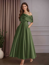 A-Line/Princess One-Shoulder Half Sleeves Ankle-Length Mother of the Bride Dresses with Ruffles