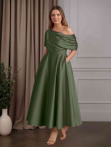 A-Line/Princess One-Shoulder Half Sleeves Ankle-Length Plus Size Mother of the Bride Dresses with Ruffles